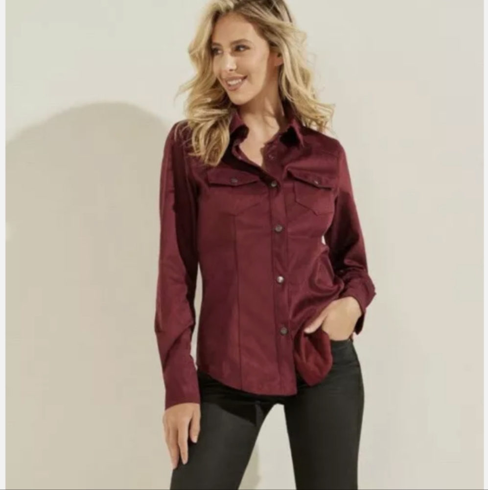 Guess burgundy faux suede button-up, women's M